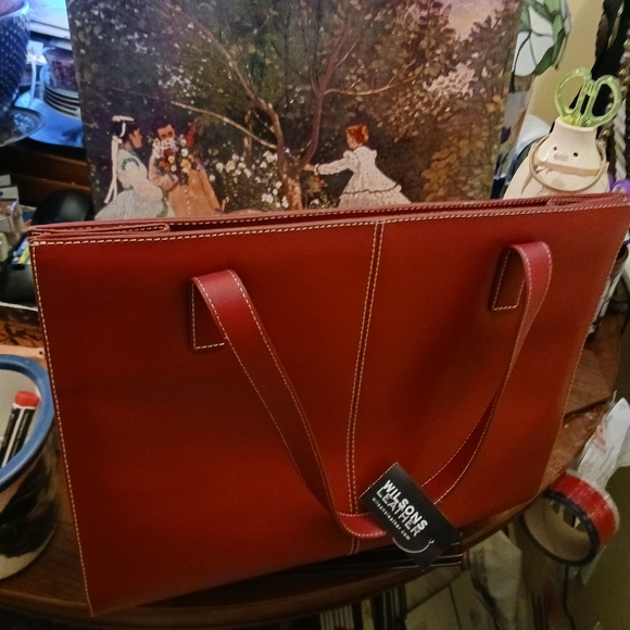 Wilson's VINTAGE Red Leather Large Bag.👜NEW Size L.16"×H.12",Nice Gift!🎁 - Picture 12 of 16
